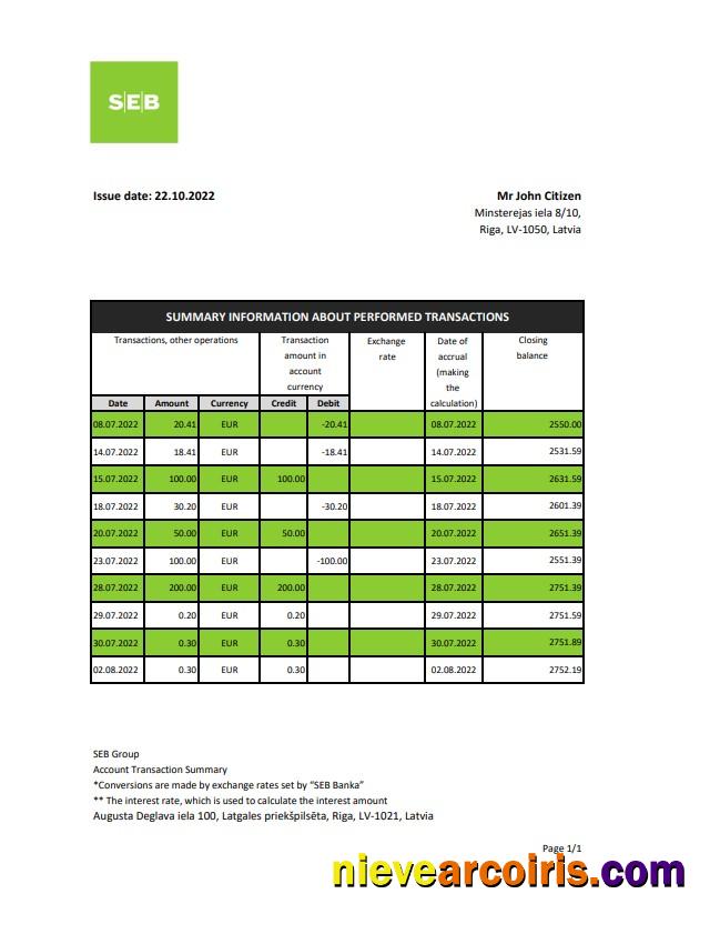 Latvia SEB Bank statement